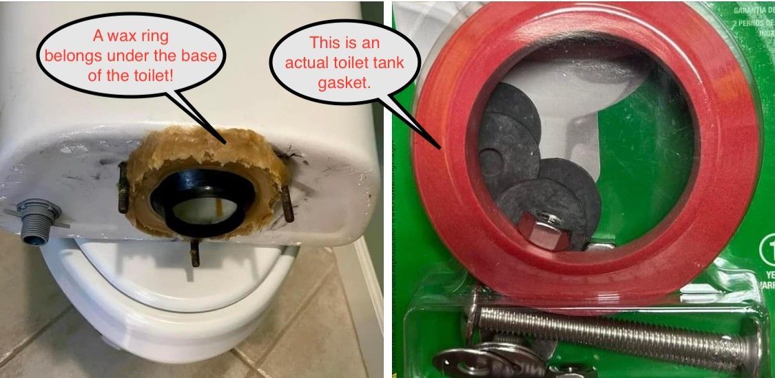 Split image showing a white toilet flange with rust and a red pipe opening with debris inside.