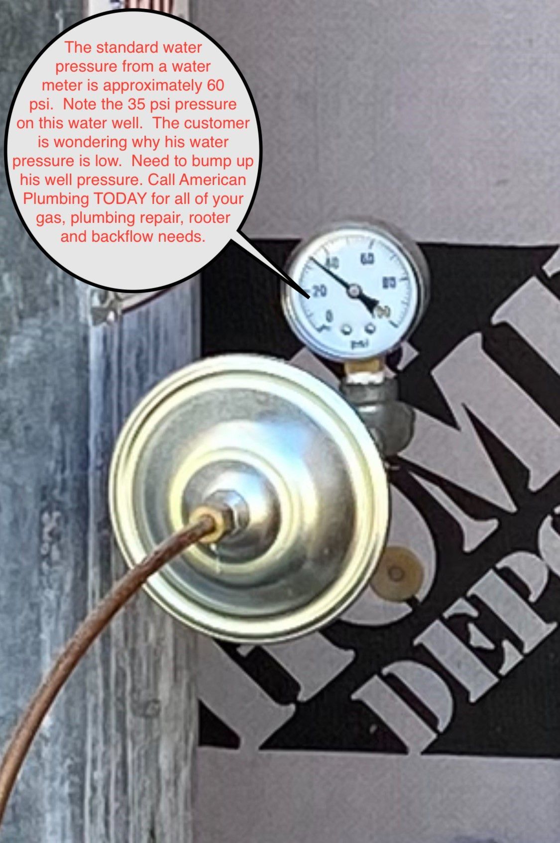 A water pressure gauge on a metal component, likely connected to a gas line. Reads under 30 PSI.