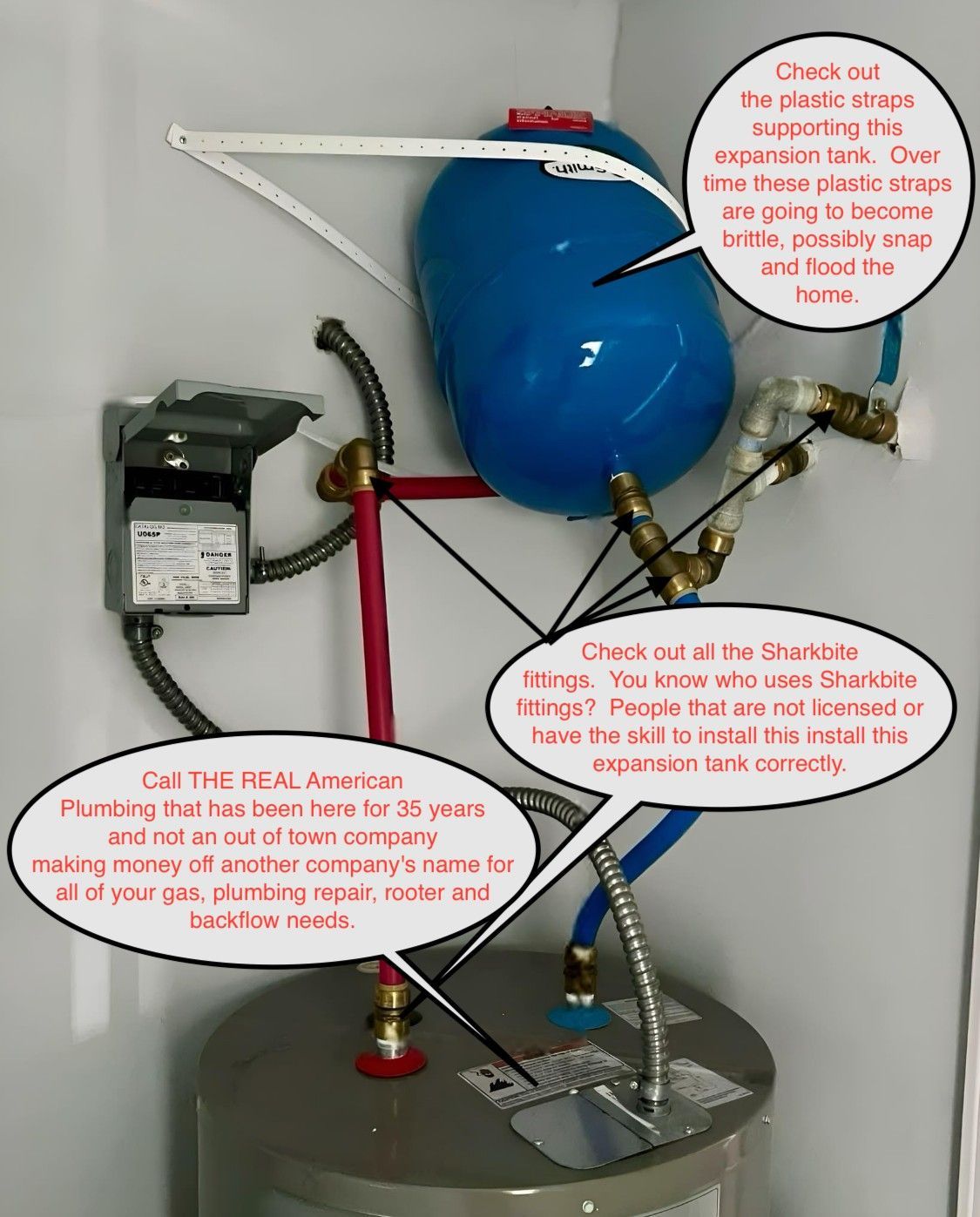 Plumbing system: water tank, expansion tank, and connections with text bubbles pointing out potential issues.