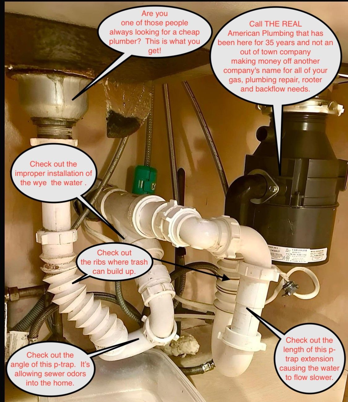 Under-sink plumbing with labeled pipes, valves, and drains, showing troubleshooting notes on a cluttered cabinet interior