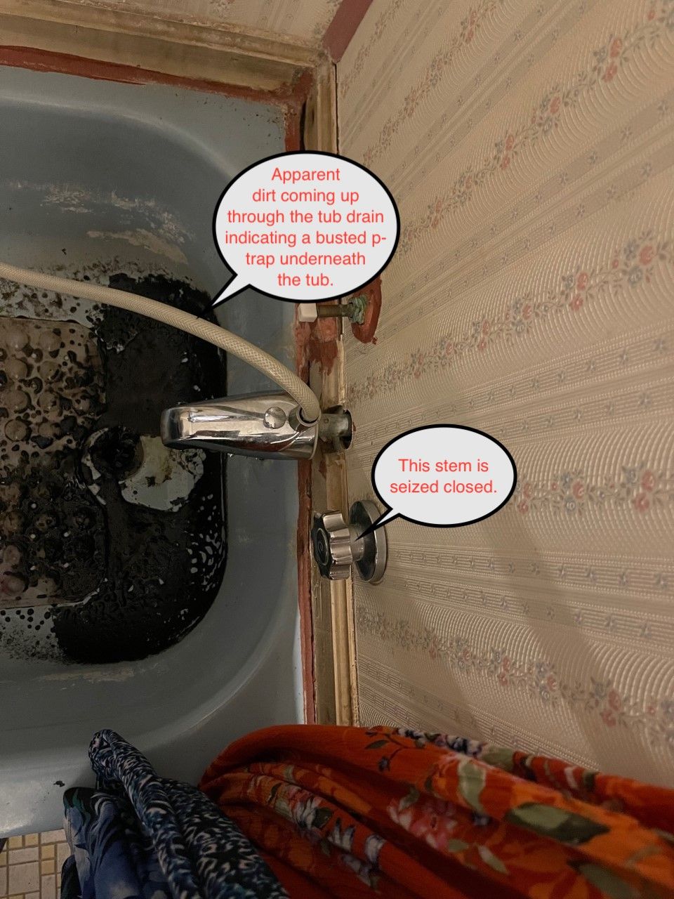 Bathroom sink faucet with water running; speech bubbles point out a leak.