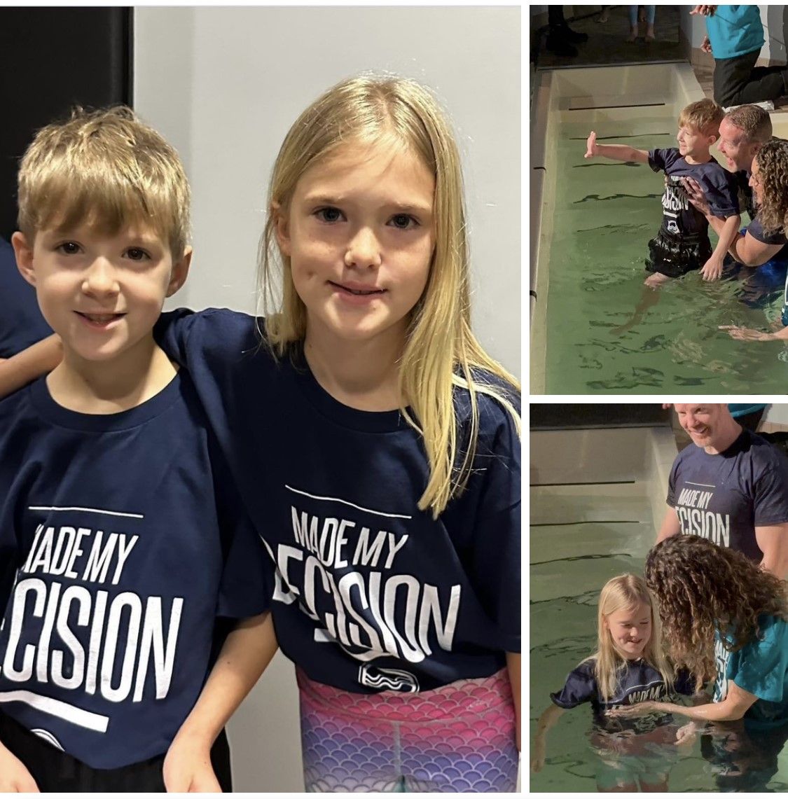 Two children in matching navy shirts pose beside two small poolside action photos