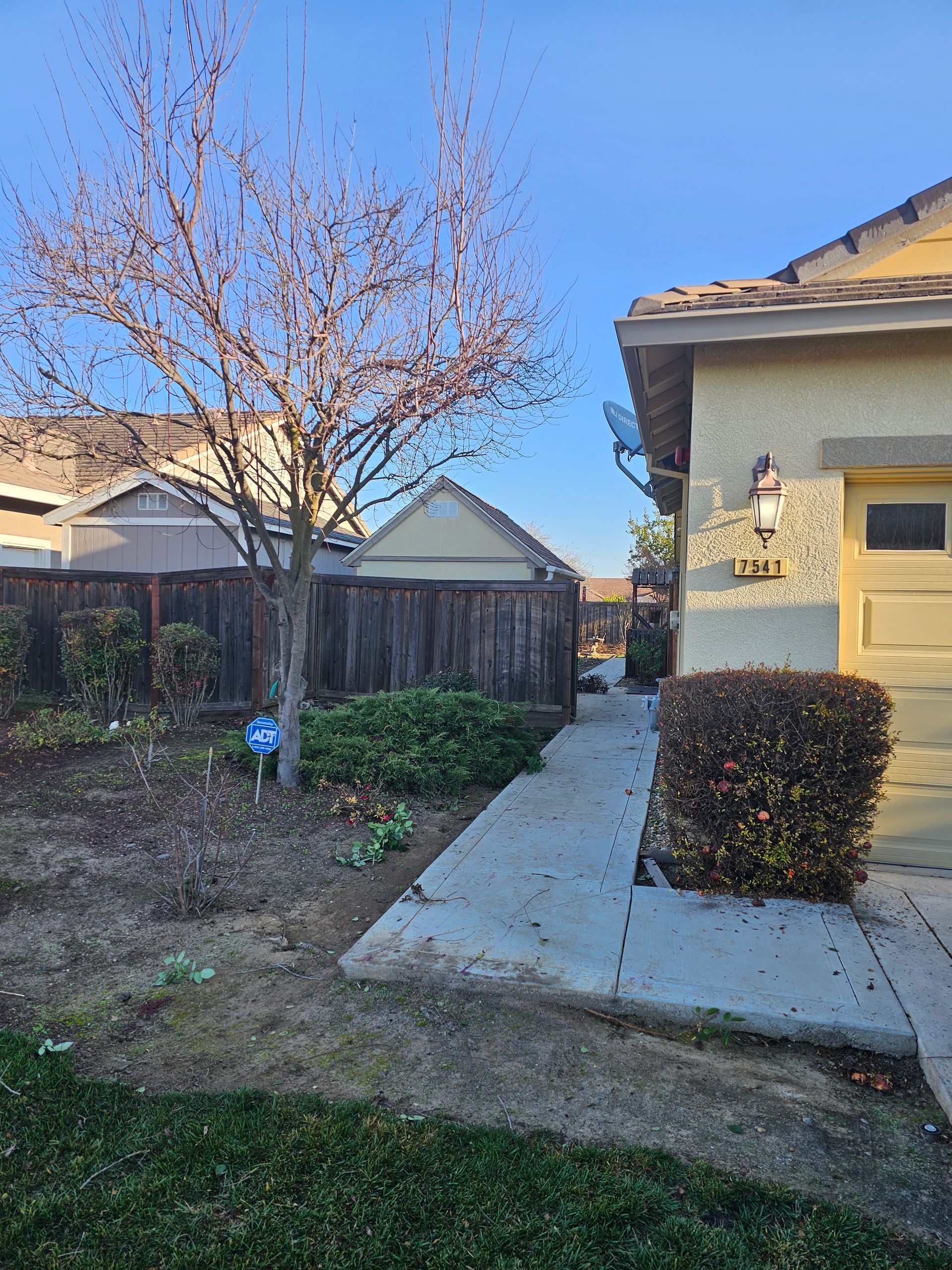 A house with a fence and a tree in front of it.