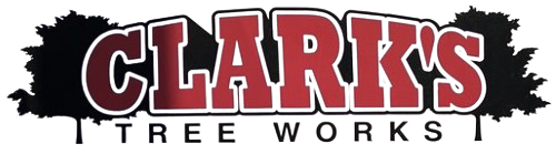 The Clark 's Tree Works logo is red and white with trees in the background.