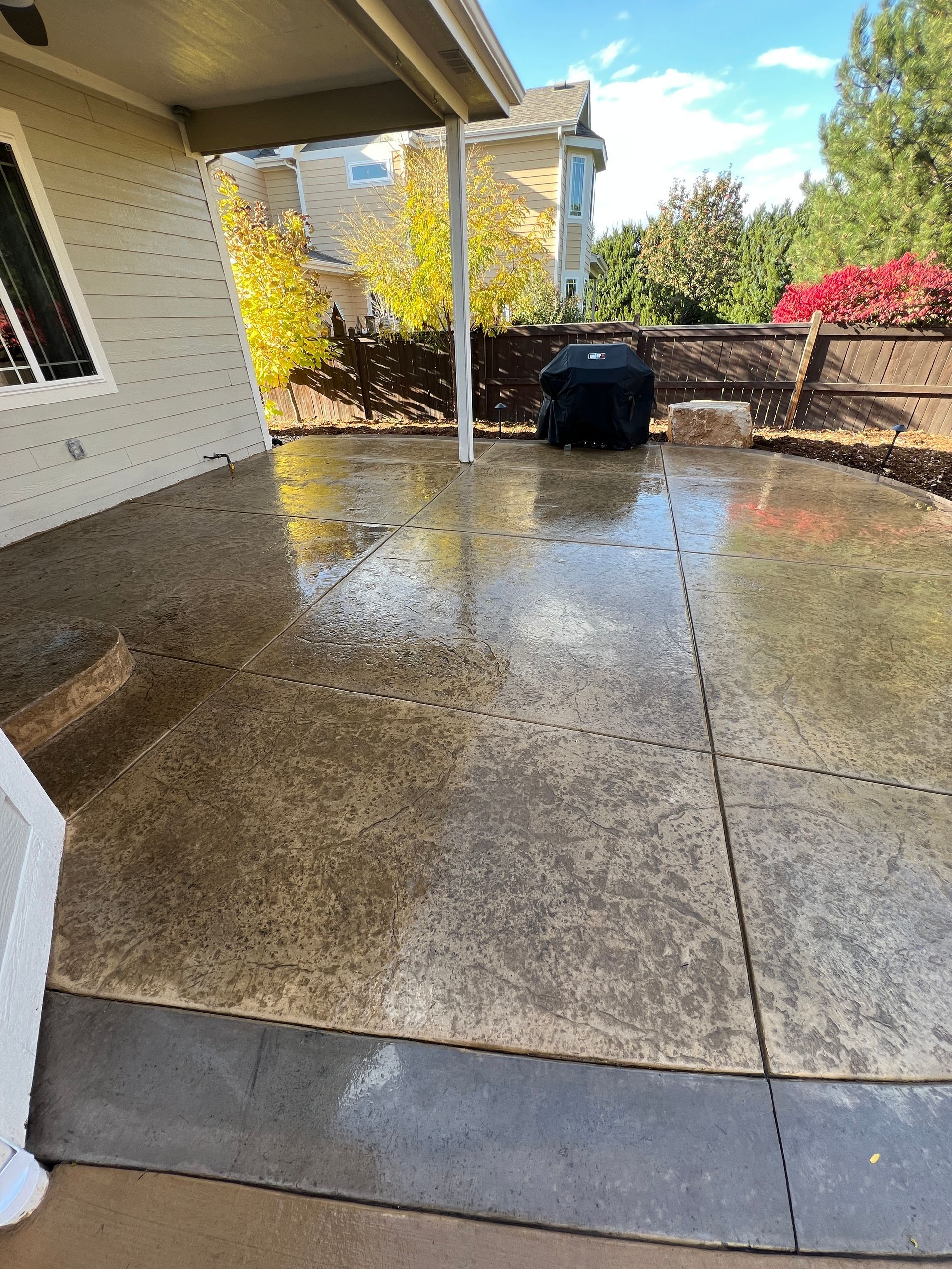 Wet concrete patio with a dark border. Black grill sits against a wooden fence with fall foliage.