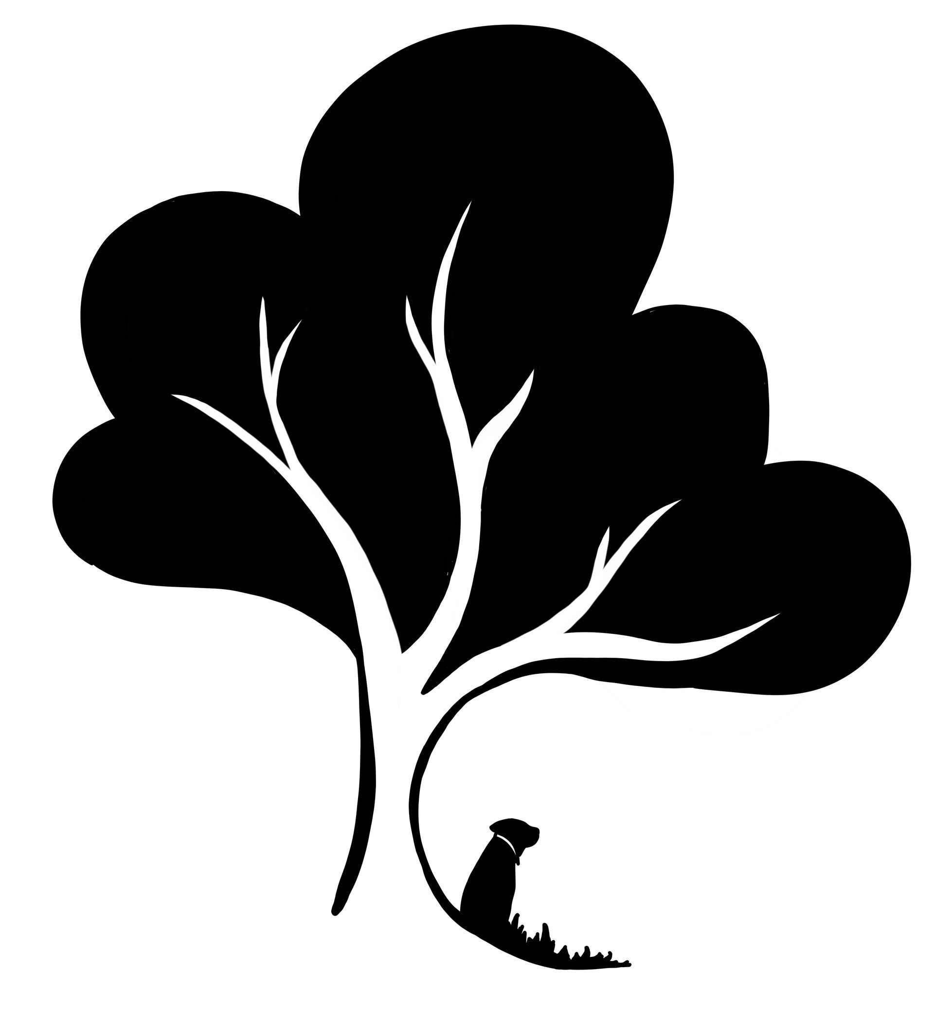 Black silhouette of a tree with a small dog sitting beneath it
