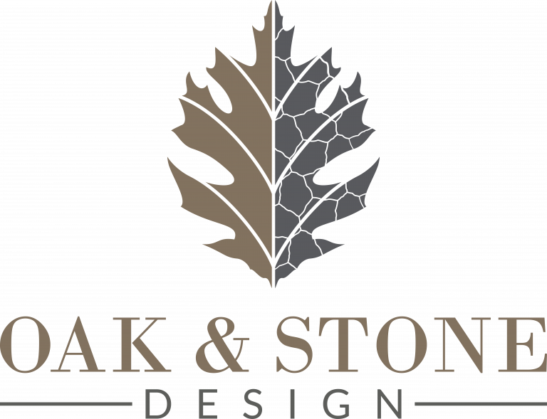 Logo: split leaf, brown half with leaf details, gray stone pattern, 