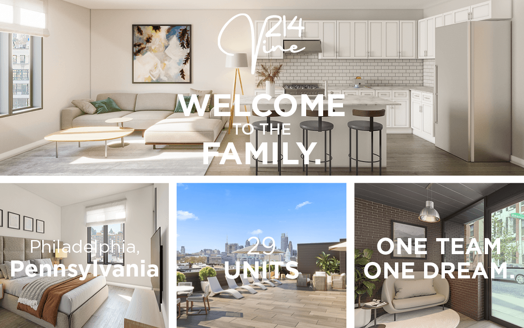 Apartment complex advertisement with living spaces and city views; Philadelphia, Pennsylvania.