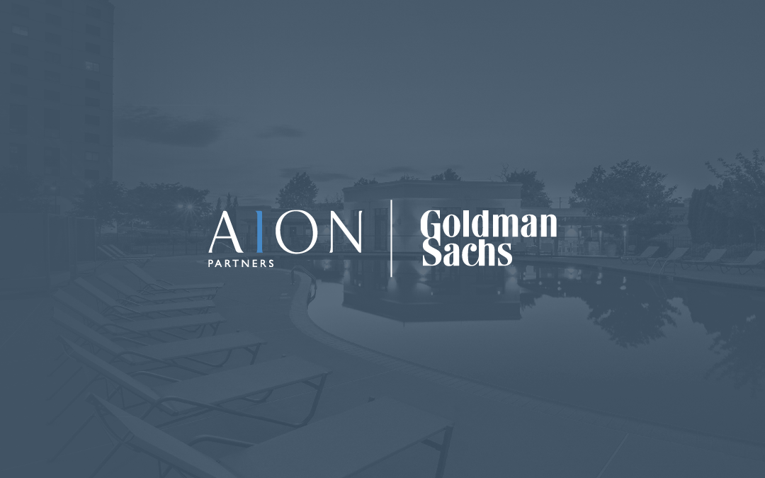 AION logo and Goldman Sachs logo over a resort pool.