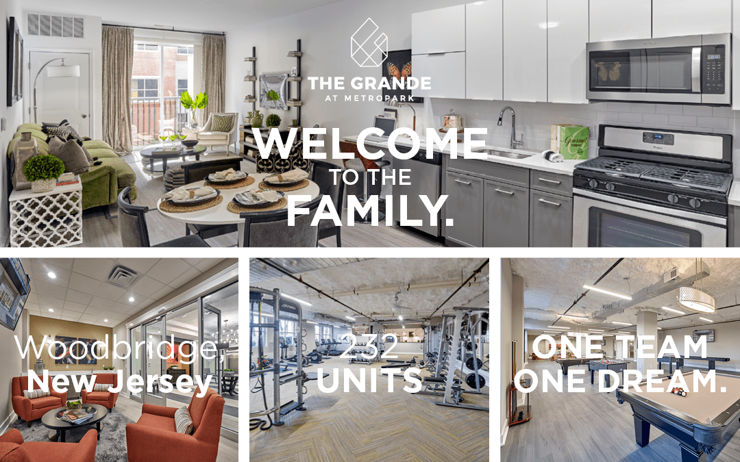 The Grande at Woodbridge, NJ, apartment complex graphic. It shows living areas, the fitness center, and a pool table.