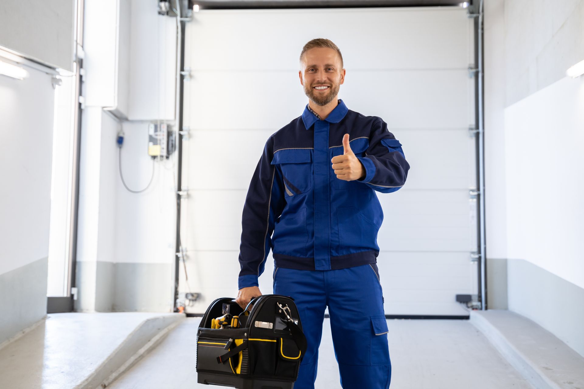 Worker in blue coveralls holding a tool bag and giving a thumbs up in a garage.