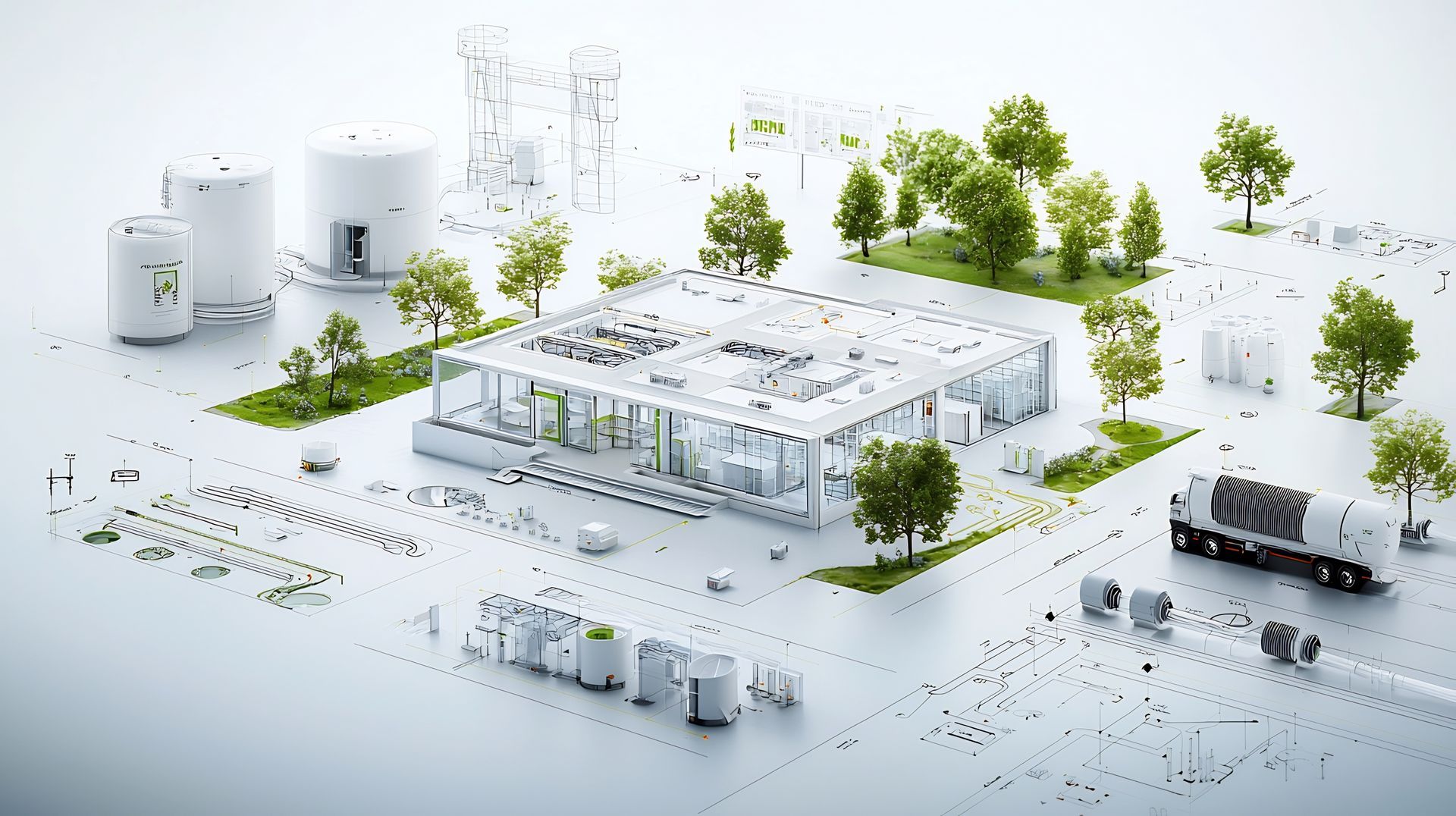 Isometric white factory campus with trees, tanks, warehouses, and trucks on a clean green site