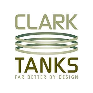 Clark Tanks logo with olive-green text and stacked tank-ring graphic; tagline: “Far Better By Design”