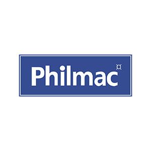 Philmac logo in white on a blue rectangular background
