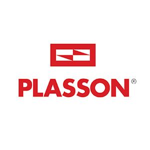 Plasson logo in red with a stylized white emblem above the brand name