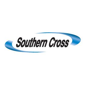 Southern Cross logo in black with blue swoosh accents