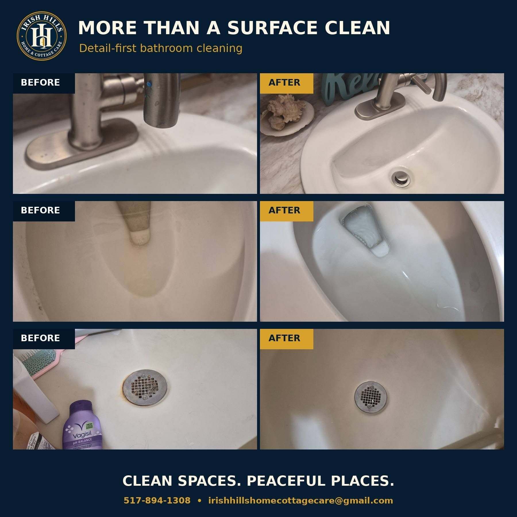 Before-and-after collage of bathroom sink and tub cleaning results with “More Than a Surface Clean” text.