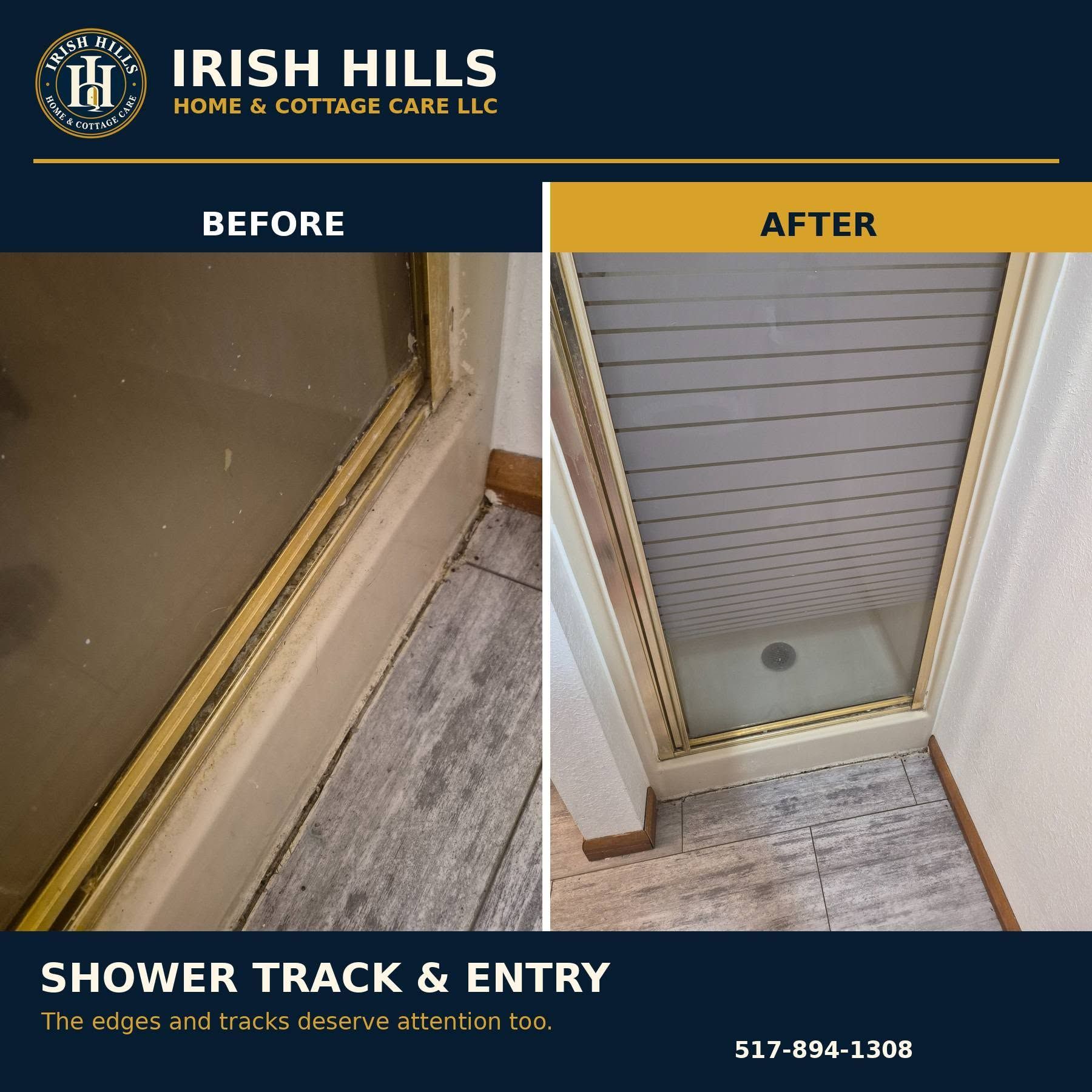 Before and after shower track and entry cleanup, showing gold trim and a cleaner shower threshold