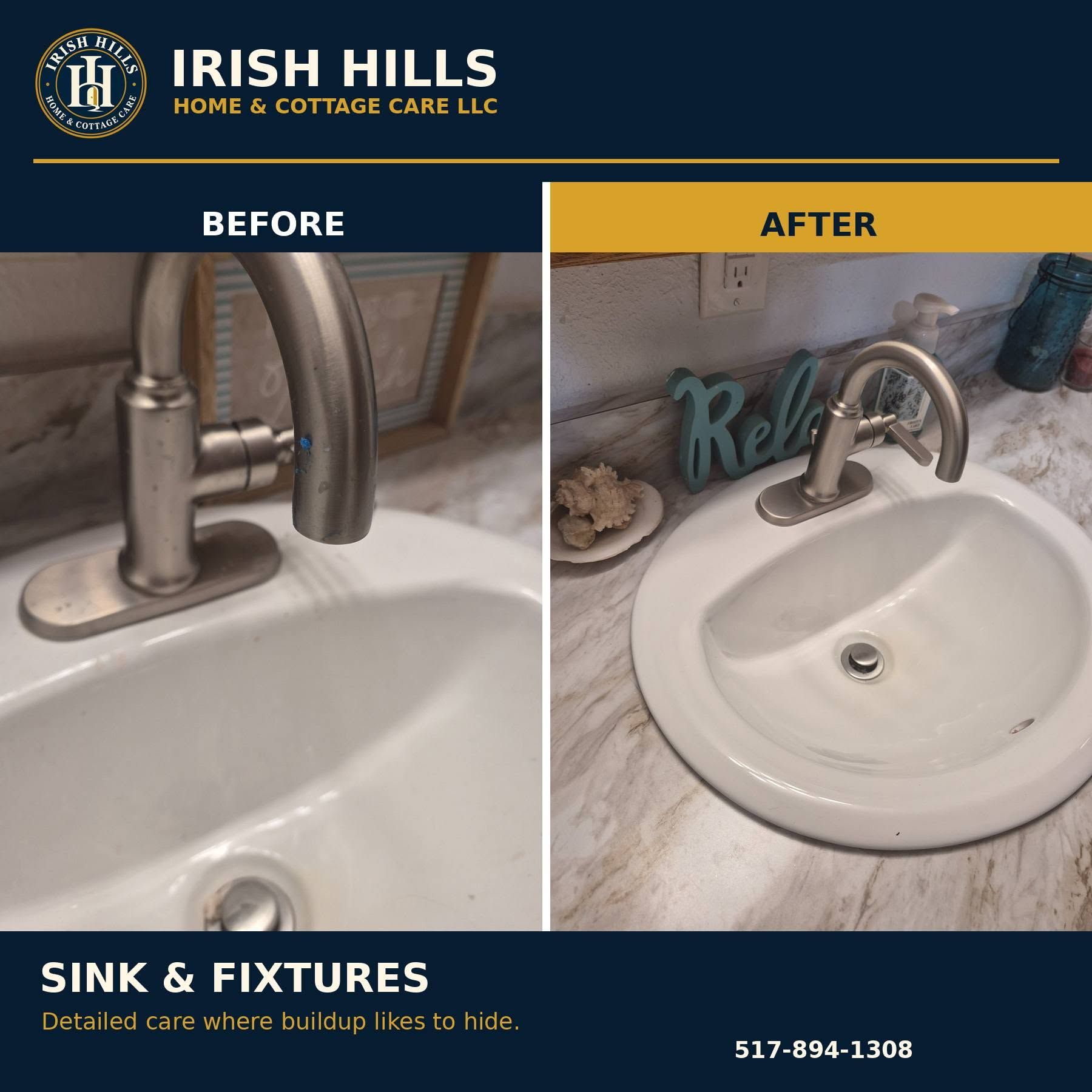 Before-and-after of a cleaned bathroom sink and faucet, with polished chrome fixtures and white basin.
