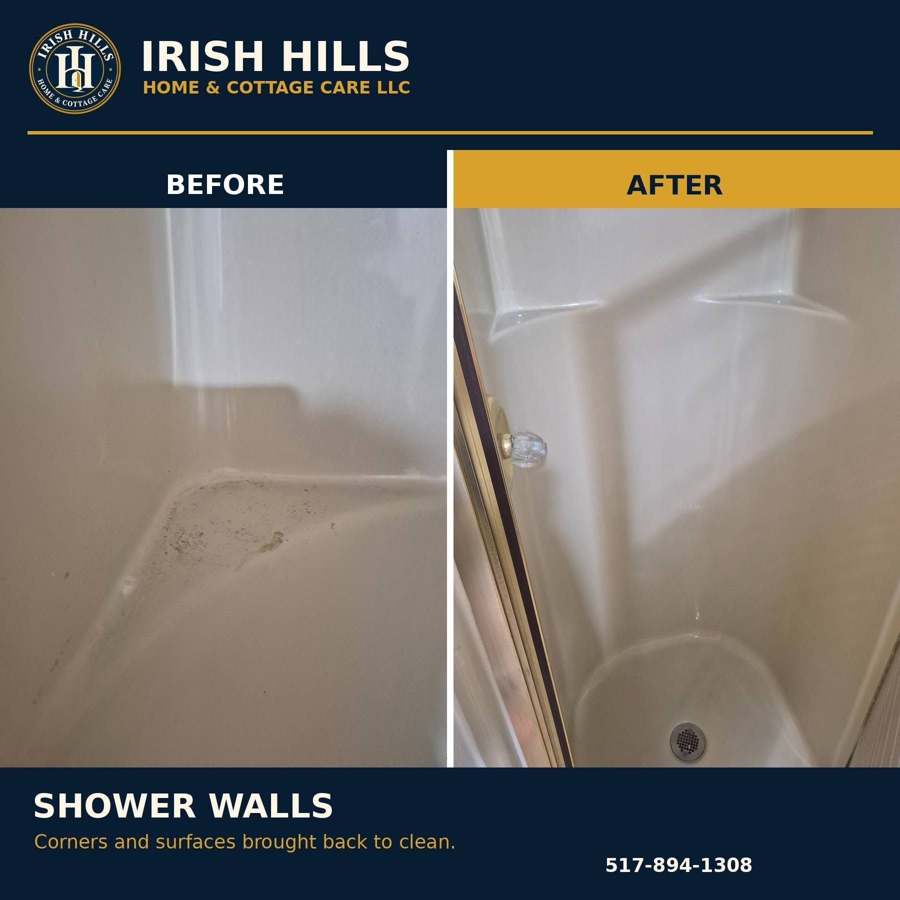 Before-and-after shower wall cleaning ad showing a stained beige shower next to a clean white shower.