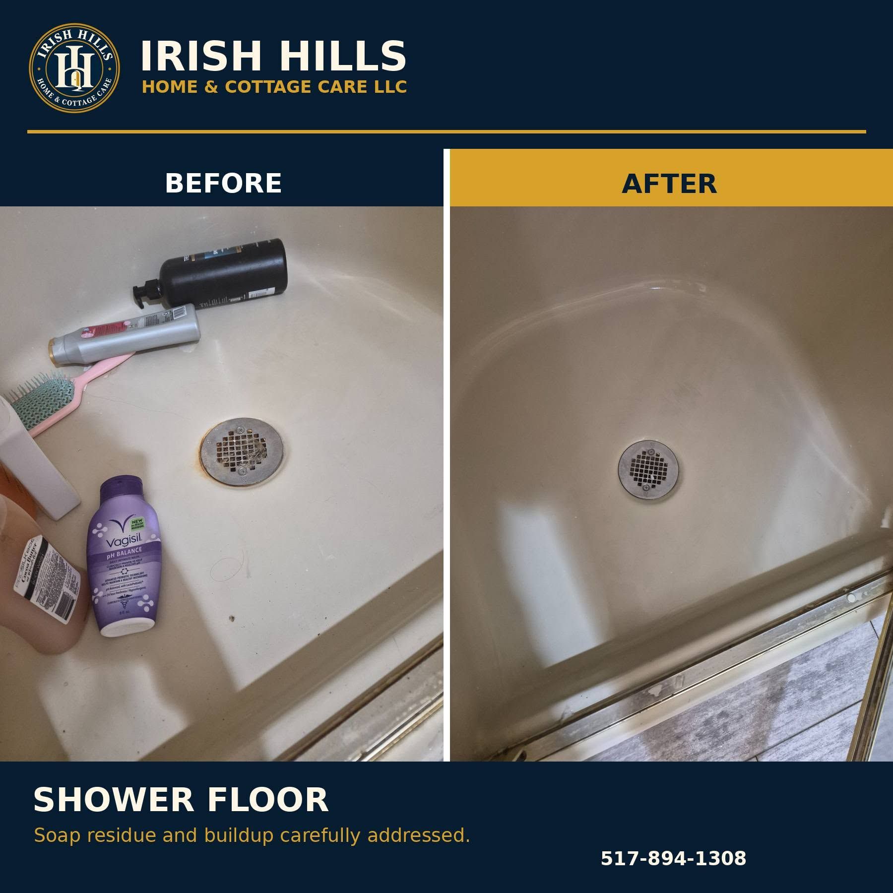Before-and-after shower floor cleaning with stained drain area cleaned to bright white.