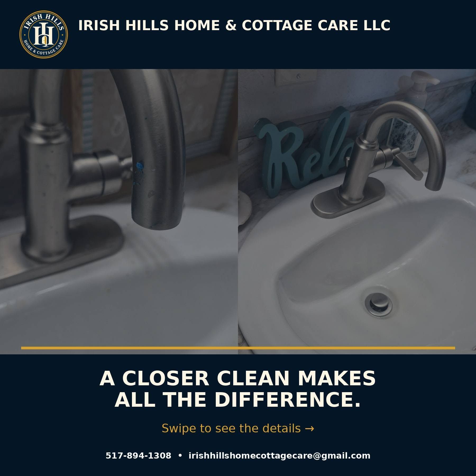 Kitchen sink and faucet with bold text: “A closer clean makes all the difference.”