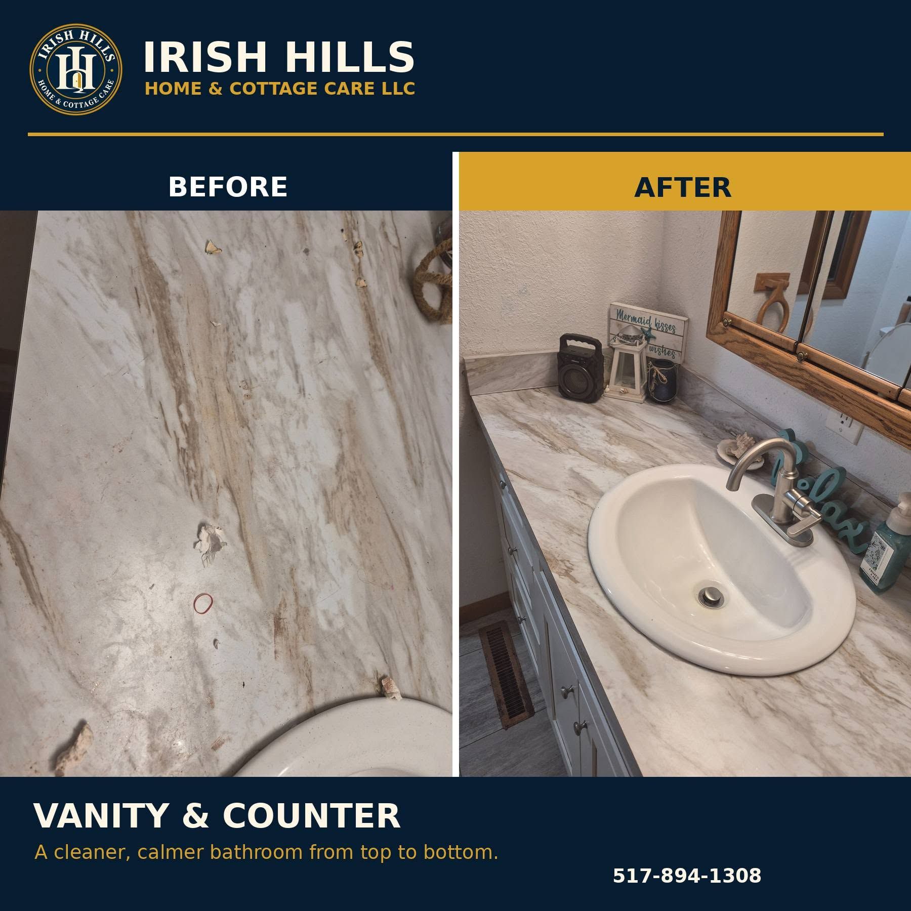 Before-and-after marble vanity and counter renovation: worn beige stone to polished countertop with sink and mirror