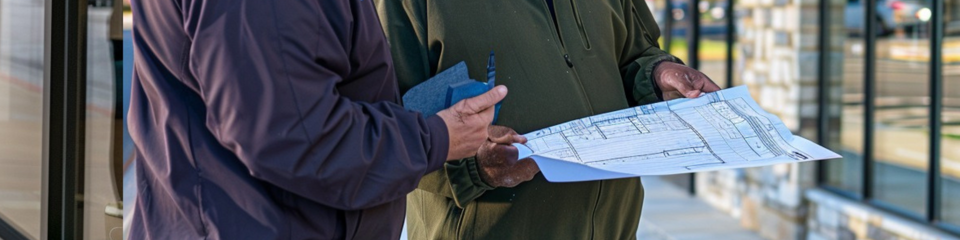 Two men are standing at a bus stop looking at a map.