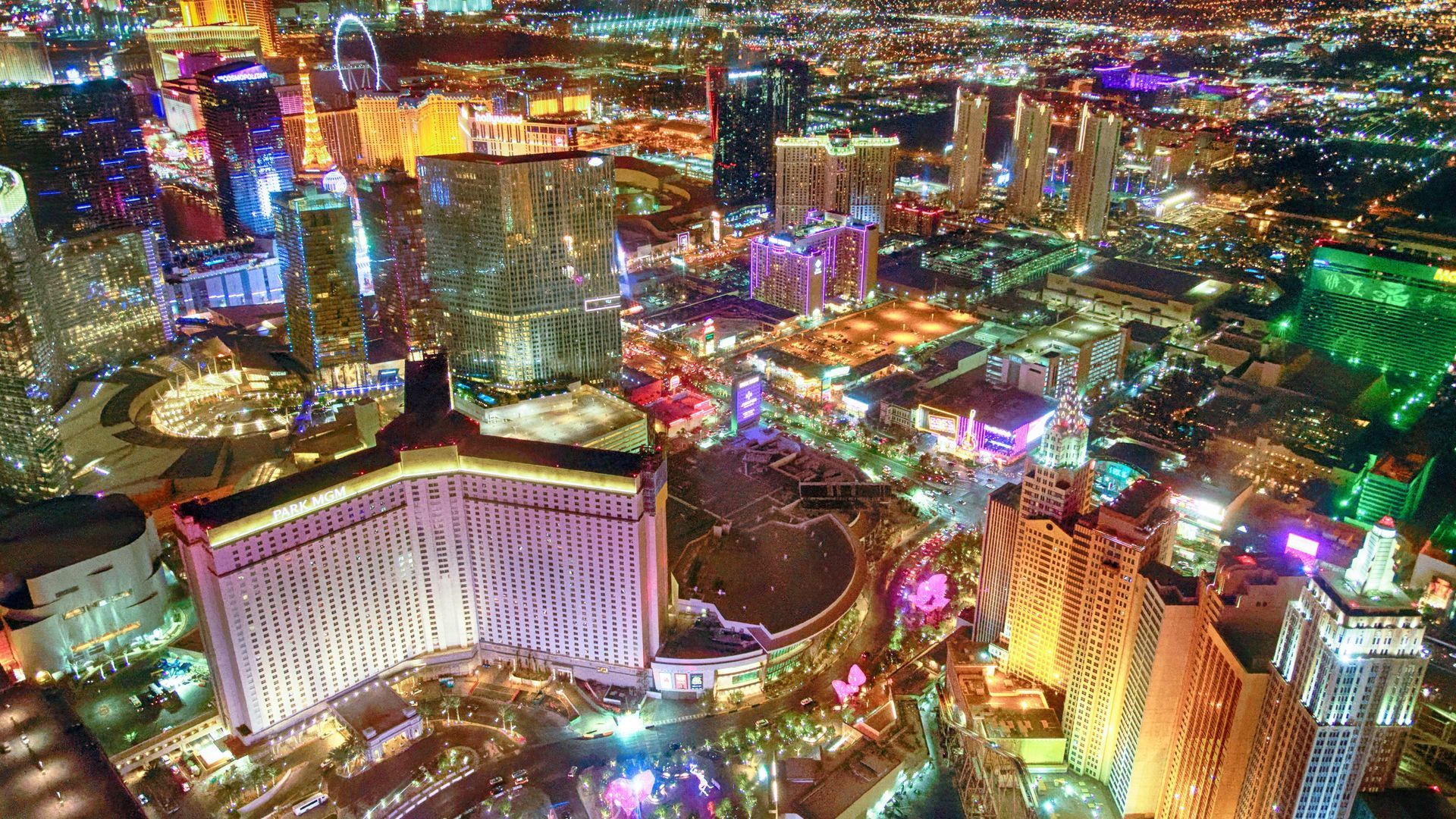 An aerial view of the city of las vegas at night.