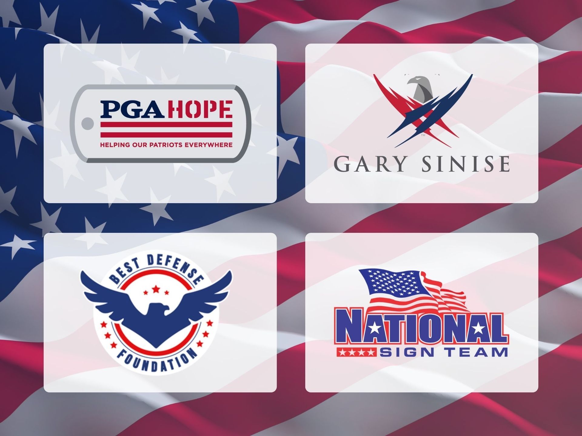 Four logos are displayed in front of an american flag