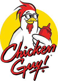 A logo for chicken guy shows a chicken holding a bottle of ketchup