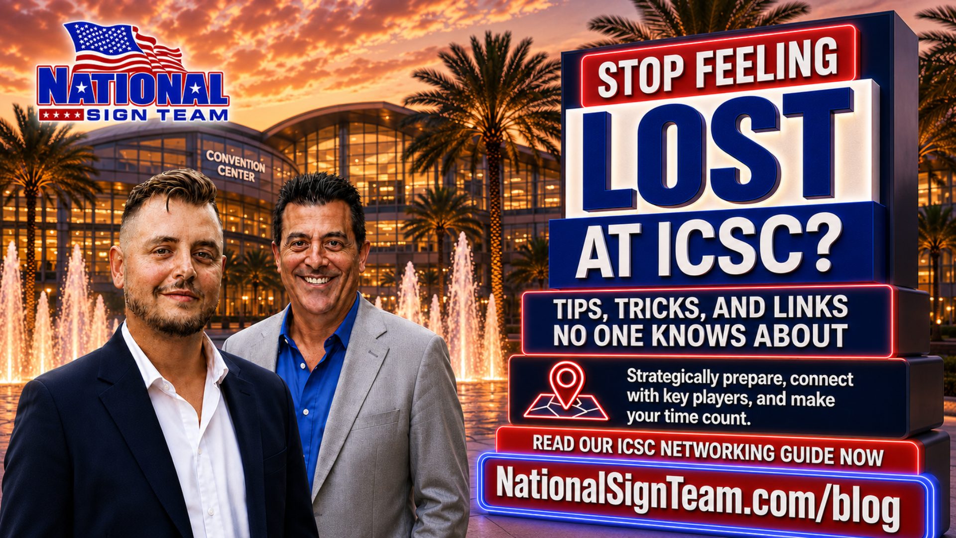 Two men beside a sunset sign: “Stop feeling lost in TISC?” and NationalSignTeam.com/blog for tips and links.
