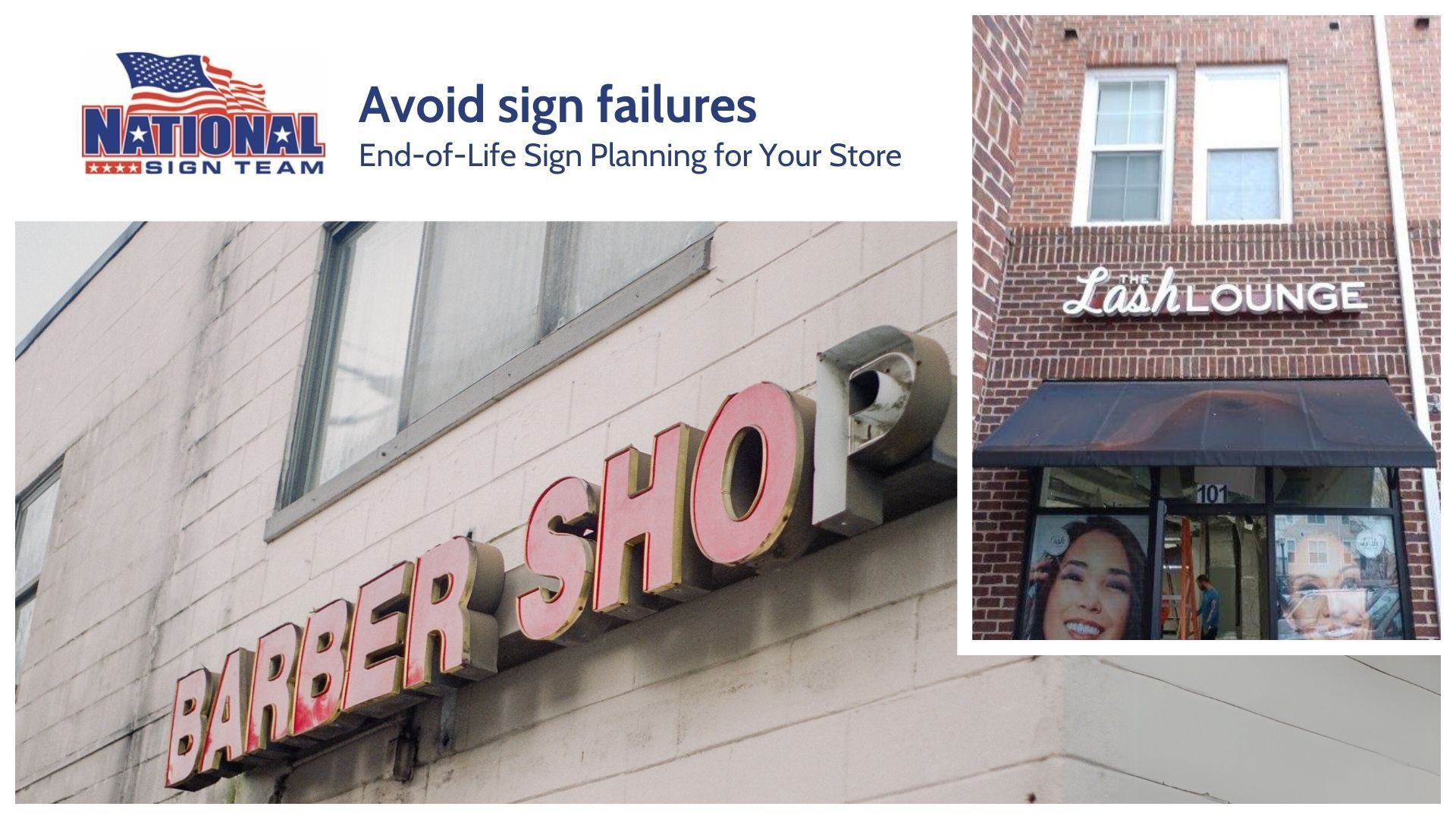 A picture of a barber shop and a picture of a lash lounge