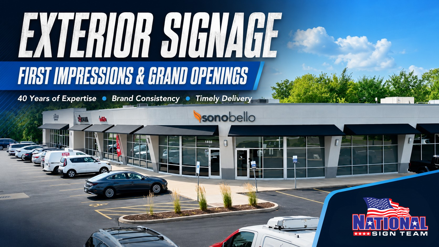 Commercial storefront exterior with parking lot and large “EXTERIOR SIGNAGE” banner