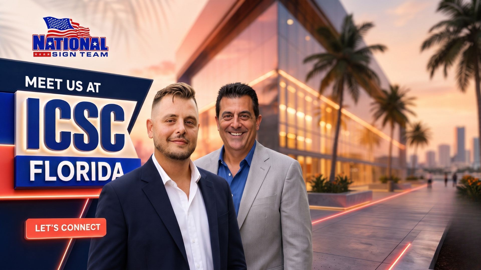 Promo graphic for National Women’s Council at ICSC Florida, with two men in suits and a shopping center backdrop