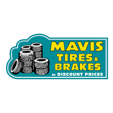 A logo for mavis tires and brakes at discount prices