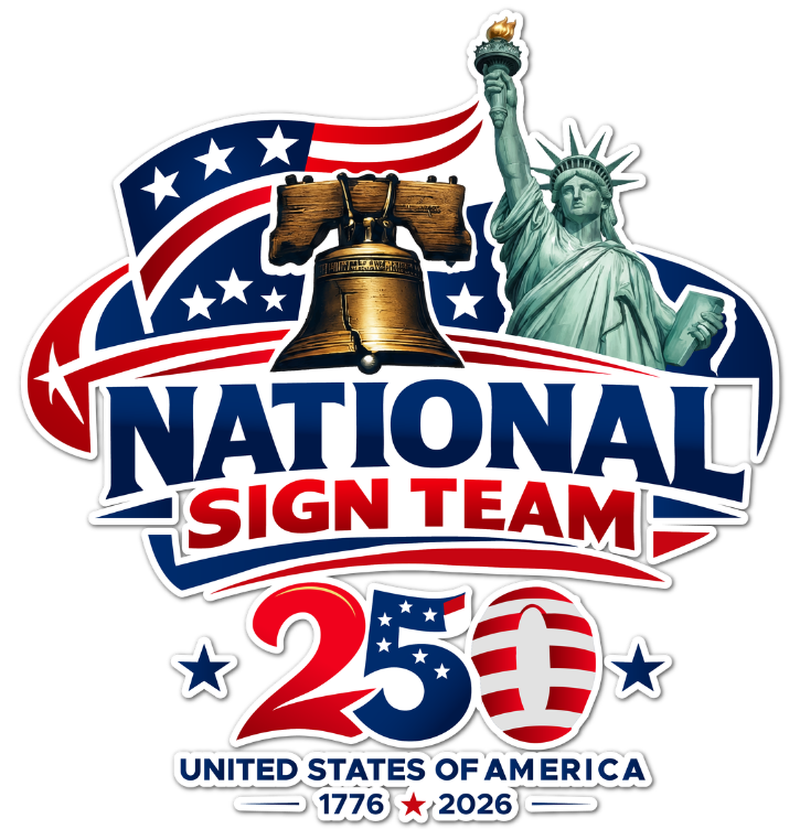 The national sign team logo has an american flag on it
