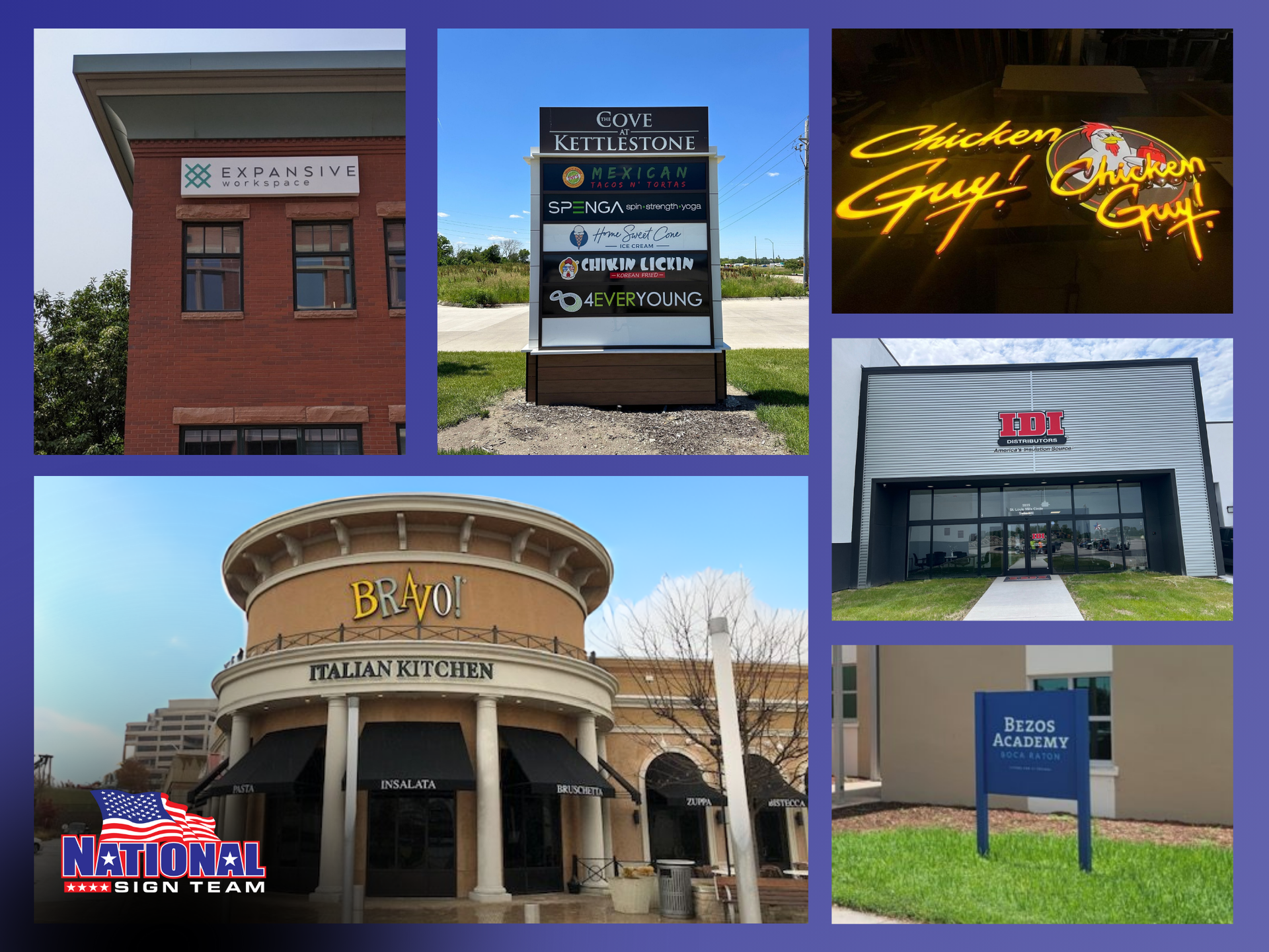 A collage of various buildings including one that says ' chicken guy ' on it