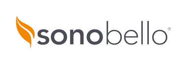 The sonobello logo is orange and black and has a flame on it.