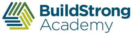 The buildstrong academy logo is blue and green with an arrow.