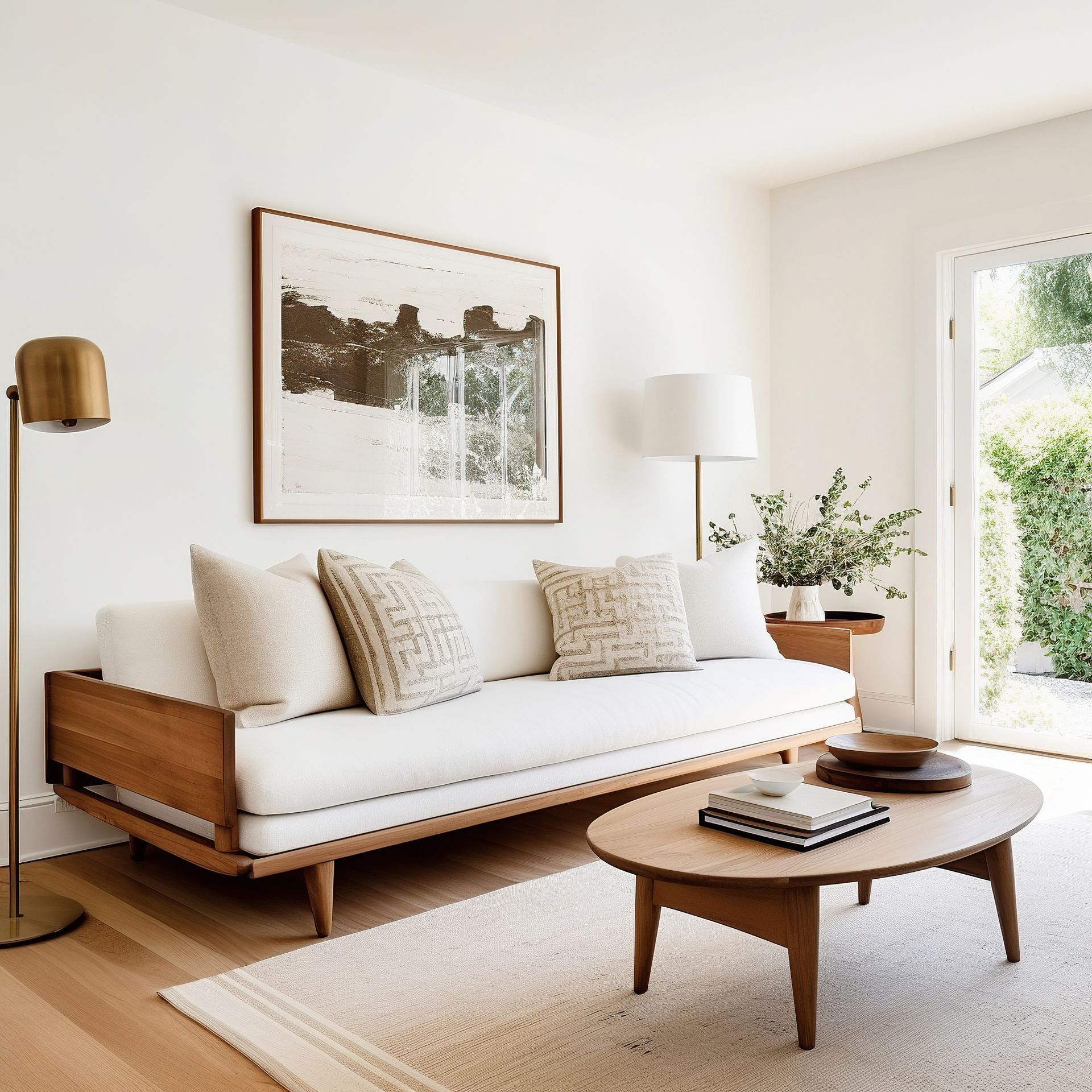 A bright living room with a wooden-framed sofa, oval coffee table, and abstract art. There are beige and white tones throughout the space.