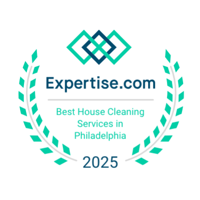 Expertise.com award badge for Life Maid Easy, recognizing them as the Best House Cleaning Services in Philadelphia for 2025, featuring a laurel wreath design and a turquoise and blue color scheme.