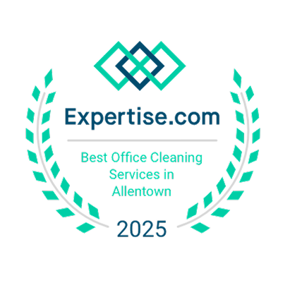 Award badge for Life Maid Easy, recognizing it as the Best Office Cleaning Services in Allentown by Expertise.com for 2025, featuring a decorative laurel wreath and a blue-green logo