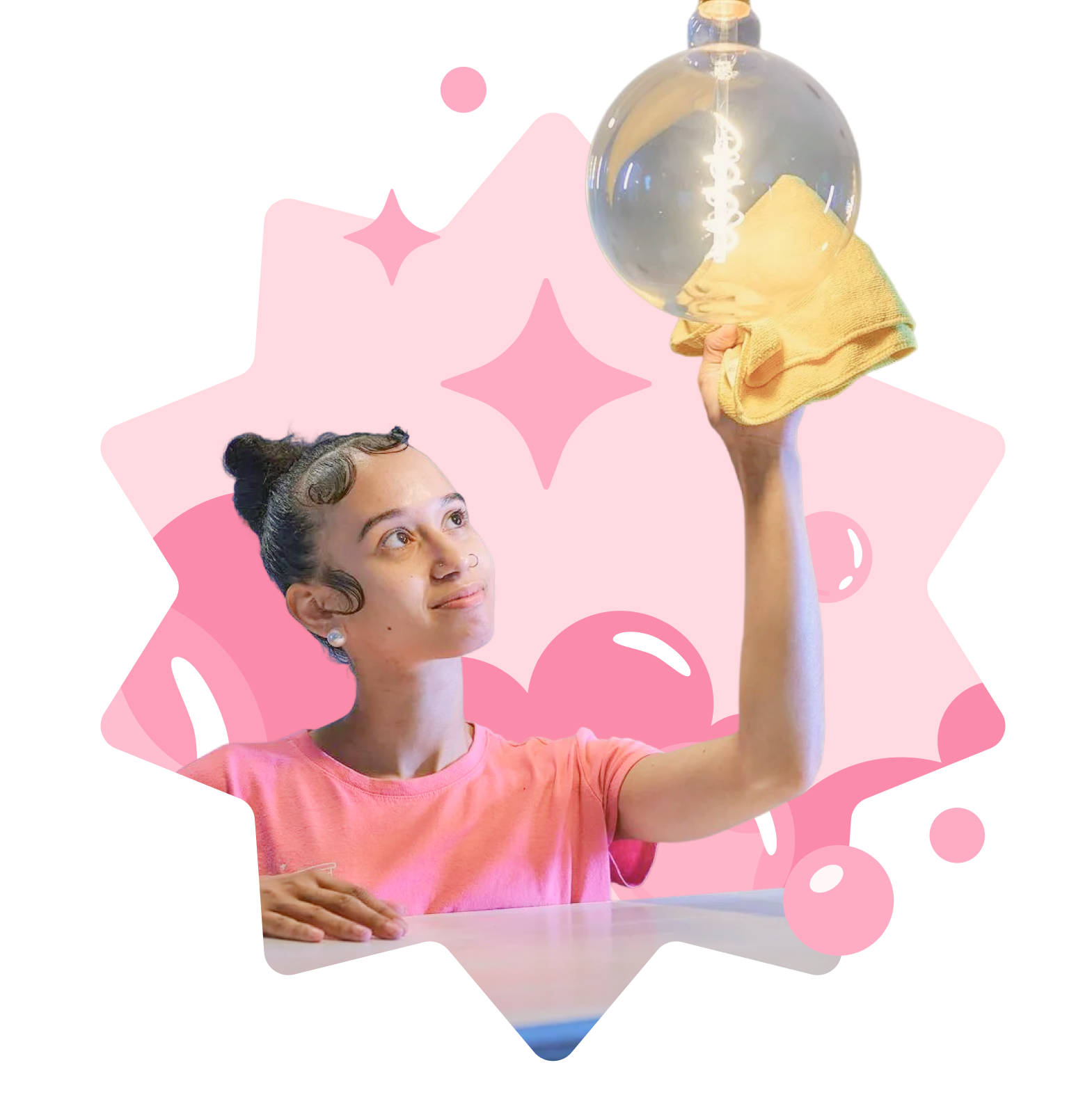 Woman in pink gloves cleaning a green lamp, surrounded by a pink starburst background with bubbles, representing professional cleaning services in Bethlehem, PA.