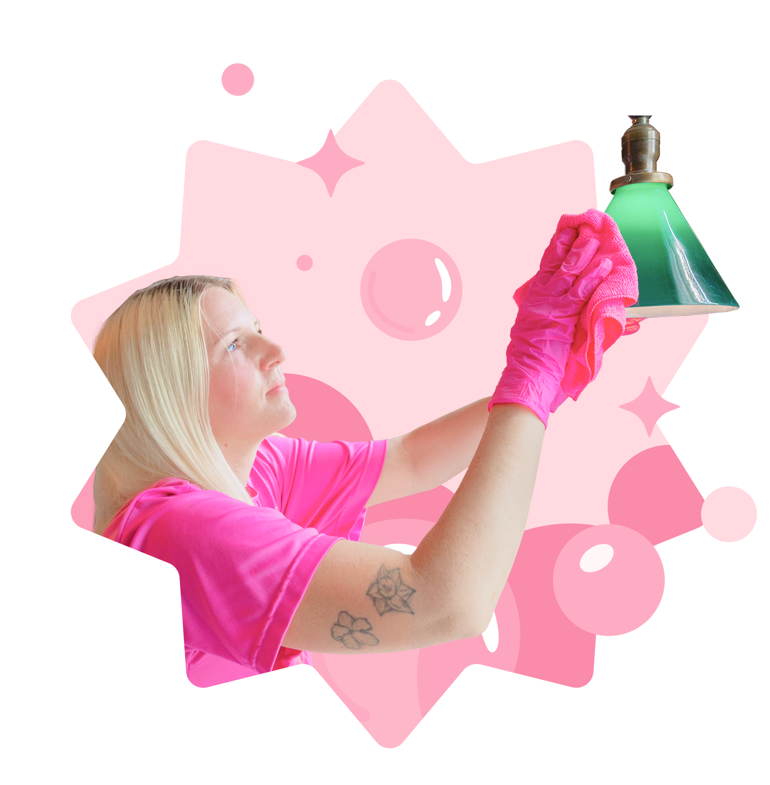 A professional cleaner wipes down a light bulb against a playful pink starburst background, showcasing expert residential cleaning services in Alburtis, PA.