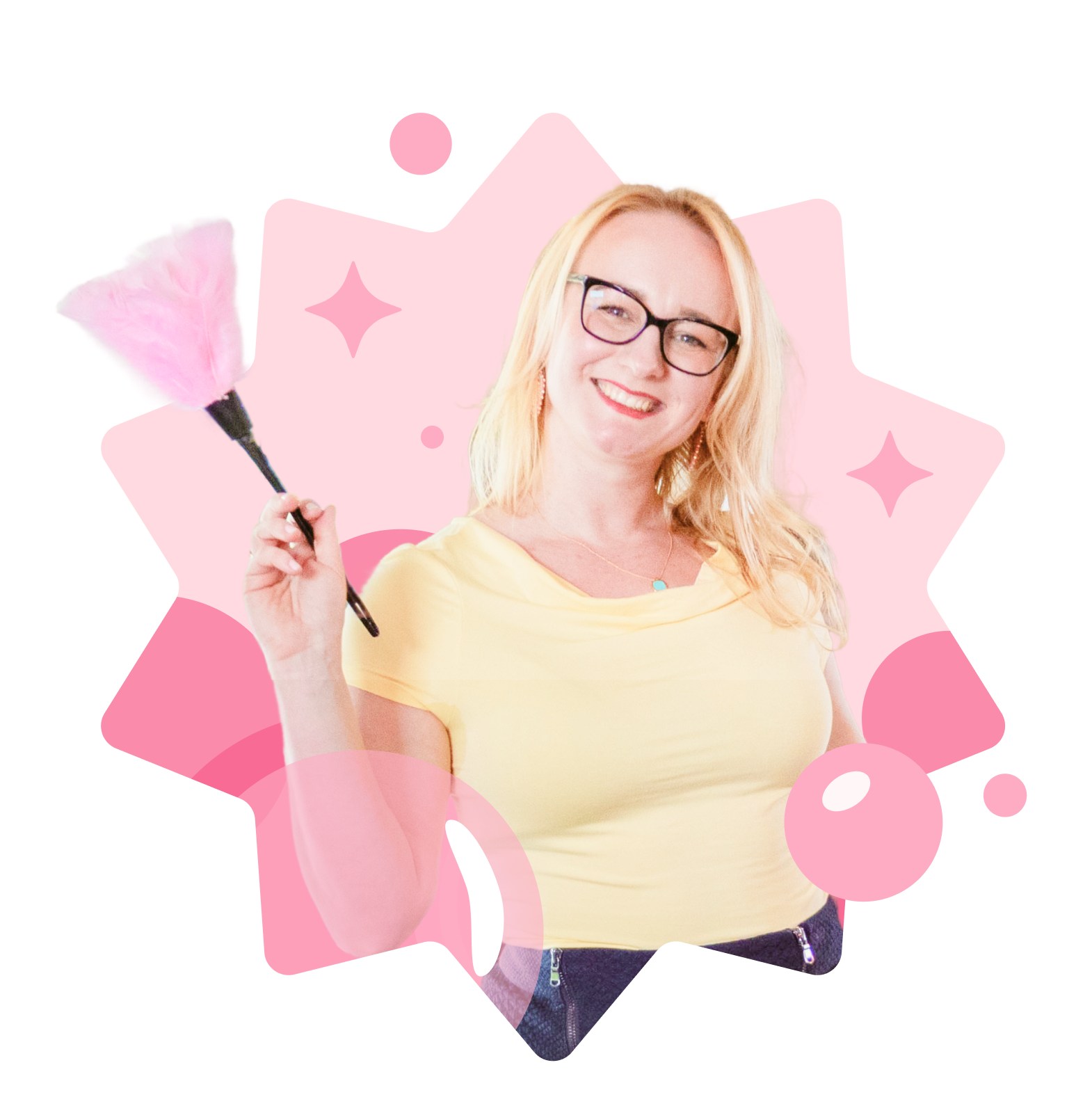 A professional cleaner wipes down a light bulb against a playful pink starburst background, showcasing expert residential cleaning services in Alburtis, PA.
