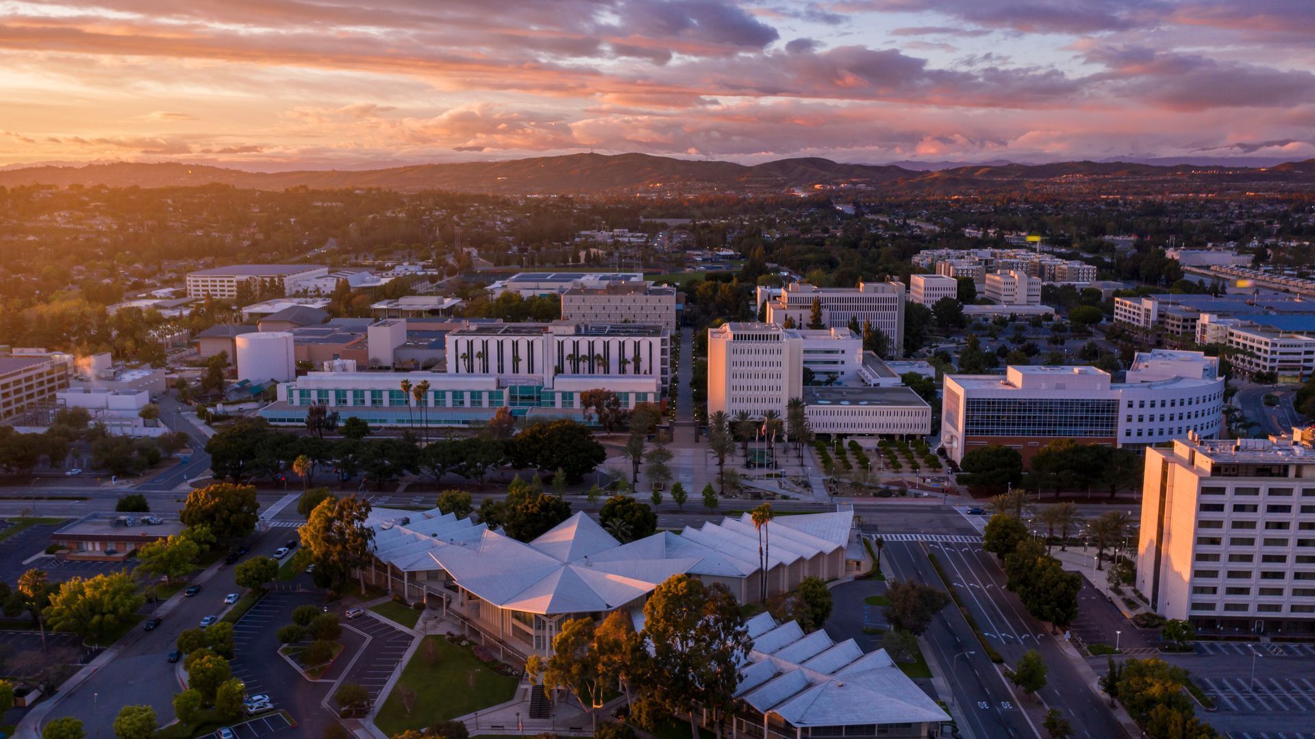 aerial view of the sunset in the city