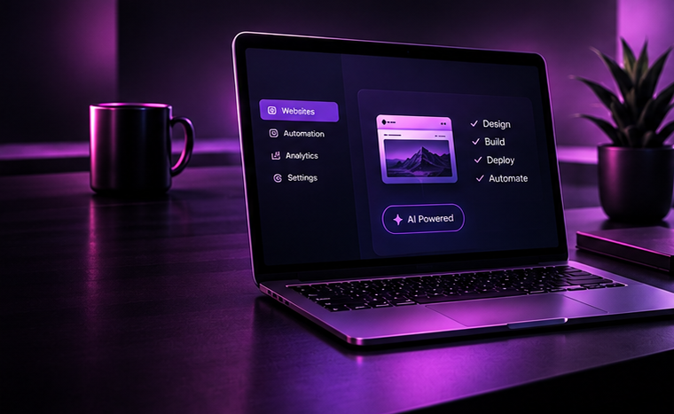 Purple-lit laptop on desk showing a dark website UI, with a matching mug beside it.