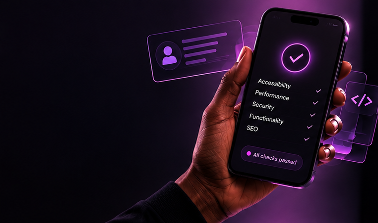 Hand holding smartphone with glowing purple verification checkmark and security interface on dark background