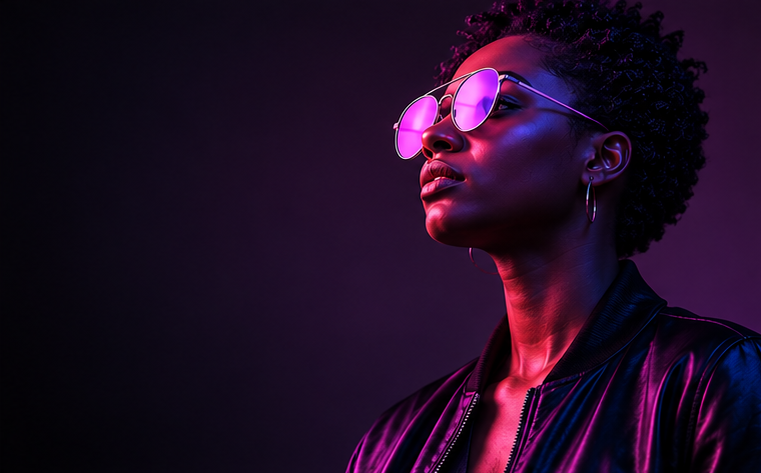 Portrait of a person in sunglasses and a dark jacket, lit by purple and pink neon light against a dark background